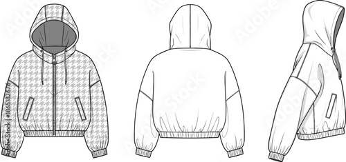 Technical Fashion Flat Drawing of a Houndstooth Pattern Cropped Puffer Jacket with Hood, Front Zip, Elastic Cuffs and Hem, Garment Template Illustration.