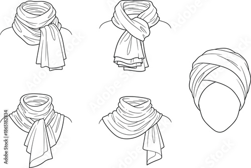 Vector fashion flat sketch set illustrating various ways to style and wear a long scarf, including neck wraps and a head turban.
