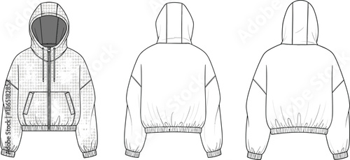 Vector fashion flat sketch of oversized hooded jacket with houndstooth check print, front and back views, zipper closure, elastic cuffs, streetwear apparel design.