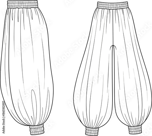Voluminous Harem Pants Fashion Flat Technical Sketch Template, Front and Back View, Outline Vector Illustration, Women's Apparel CAD Design Specification.