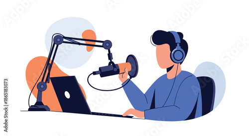 Podcaster or radio host wearing headphones and speaking into a professional microphone during a live broadcast from their studio.