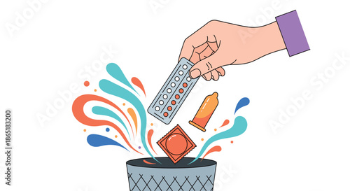 Hand discarding various forms of contraception like birth control pills and condoms, symbolizing a choice to start a family or change.