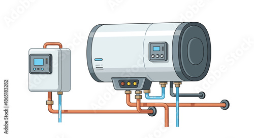 Illustration of a modern electric water heater or boiler system with connected pipes for providing hot water in a residential home.