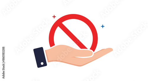 Hand holding a red prohibition or forbidden sign, symbolizing restriction, cancellation, rejection, or a negative response.