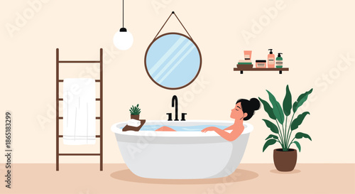 Woman relaxing in a modern bathtub in a stylish bathroom with plants and beauty products, enjoying a moment of self-care.