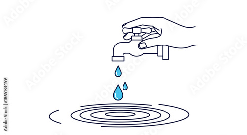 Hand turning off a dripping faucet to conserve water, a simple line art illustration promoting environmental sustainability and saving resources.