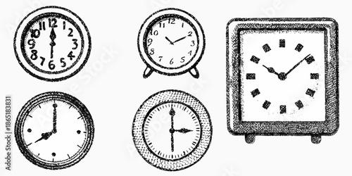 A collection of various analog clocks in a sketched black and white style