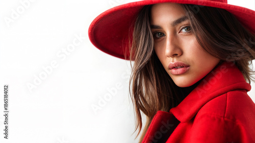 A beautiful woman in a bright red coat and a red hat stands on a white background.