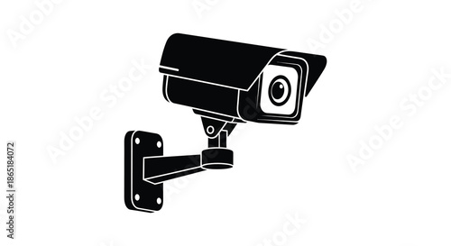A stark black and white depiction of a security camera mounted on a wall a powerful silhouette