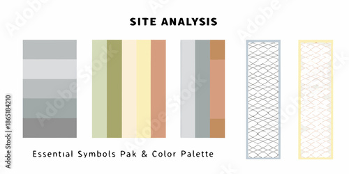 A visual presentation of site analysis with color palettes and symbol patterns