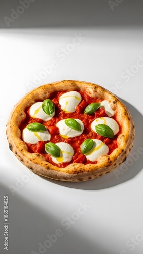 Minimalist Margherita Pizza with Large Buffalo Mozzarella Balls and Tomato Sauce on Bright White Backdrop