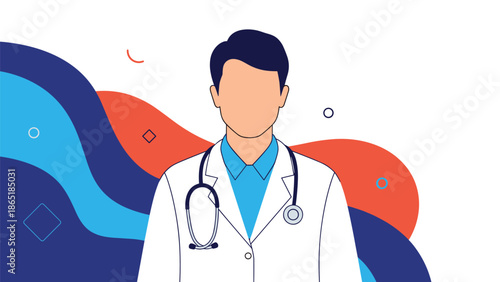 Professional male doctor wearing a white coat and stethoscope stands against a colorful abstract geometric background.