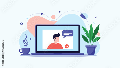 Laptop screen shows a professional man participating in a video call with a speech bubble against a soft colorful background.