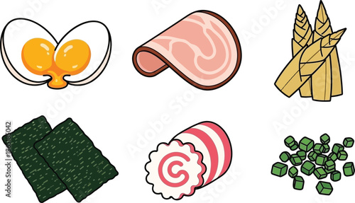 Flat vector set of 6 ramen toppings half egg chashu pork slice menma bamboo shoot nori sheet narutomaki and green onion