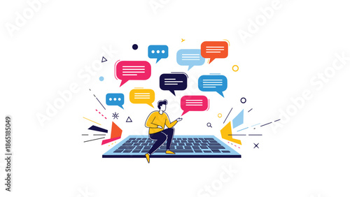 Person sits on a large laptop keyboard surrounded by many colorful speech bubbles representing social media and chat.