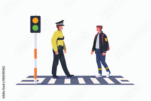 vector icon of a traffic policeman with a green light on the left, standing at a crosswalk and a person walking in front of him. vector illustration on a white background_traced