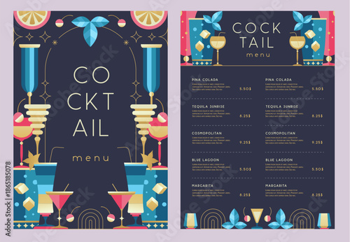 Retro holiday restaurant cocktail menu design on black background. Flat design. Vector illustration