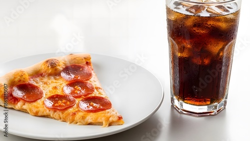 Fast Food Combo Meal with Hot Pepperoni Pizza Slice and Cold Glass of Cola with Ice Cubes
