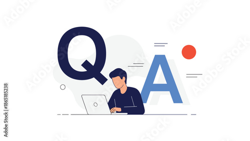 Man works on a laptop at a table with large Q and A letters in the background representing a questions and answers session.