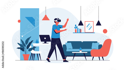 Man wearing a virtual reality headset explores a digital world while standing in a modern, well-furnished living room.