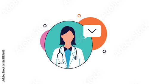 Profile icon of a female doctor in a white coat with a stethoscope and a message notification bubble in a circle.