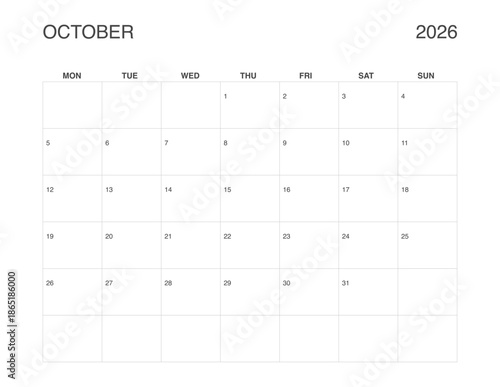 OCTOBER 2026 Letter Size Monthly Calendar, Minimalist Printable Calendar, Dated OCTOBER Planner