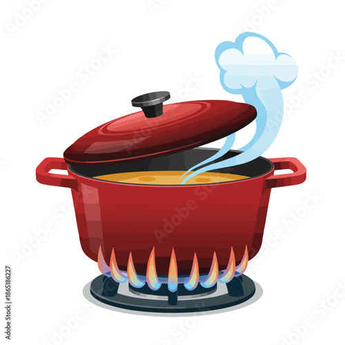 Isolated stainless steel kitchen saucepan with a lid and handle, a red and blue or yellow metal cooking pot used for soup or dinner, and a professional casserole utensil for a white kitchen