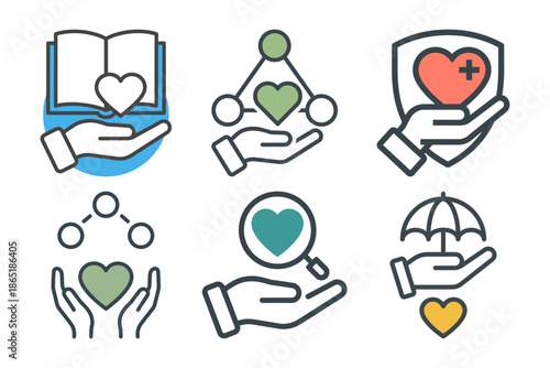 Set of six mental wellness logo icons for psychology support group and natural health concepts