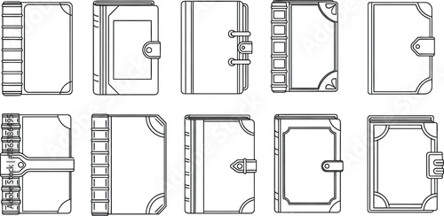 Outline illustration set of 5 book binding types spiral binding perfect binding saddle stitch case binding and comb binding