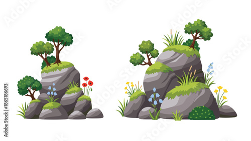 Charming arrangements of natural rocks with small trees, green moss, and colorful wild flowers, ideal for miniature landscapes.