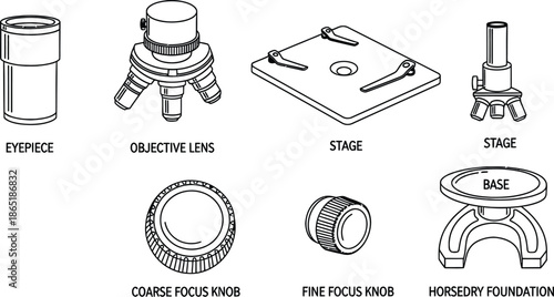 Outline illustration set of 6 microscope parts eyepiece objective lens stage coarse focus knob fine focus knob and base