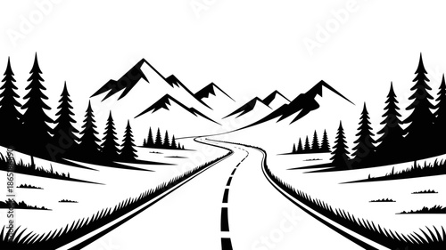 A winding road stretching through a pristine mountain landscape with towering pine trees