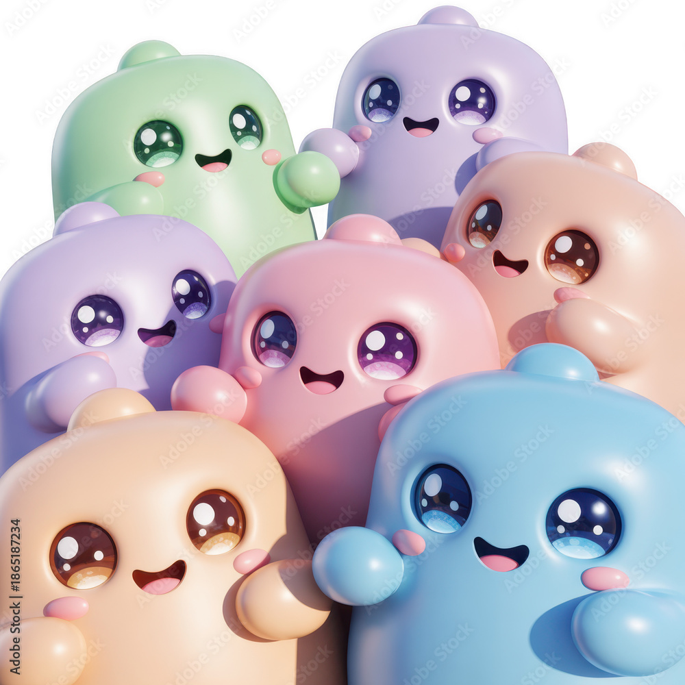 Fototapeta premium A group of pastel-colored blob characters with smiling faces and different... isolated on a transparent background