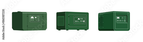 Compact green electronic device presented from multiple angles, highlighting its robust casing and potential as a portable power solution or energy management unit