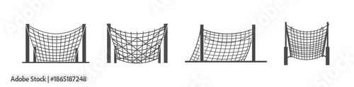 Collection of sports nets including tennis net, volleyball net, and badminton net, with black poles