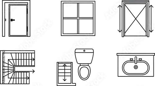 Set of 6 architectural floor plan symbols door swing window sliding door stairs toilet and sink