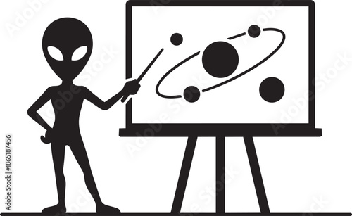 Extraterrestrial teacher pointing at solar system diagram on blackboard with pointer