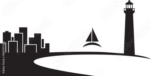Modern harbor silhouette featuring coastal lighthouse and sailboat with urban city background