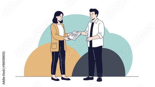 Business Deal: Woman hands document to man, collaboration, agreement, partnership concept
