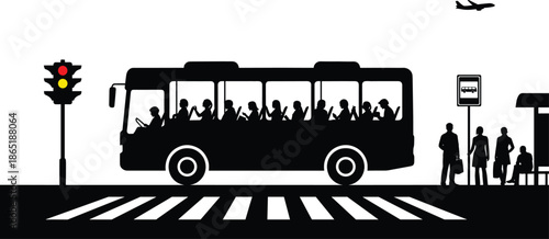 City bus silhouette vector illustration, urban public transportation scene with passengers boarding at bus stop, traffic light and crosswalk, black and white isolated design for transit, commute, and 