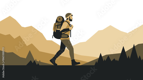 Bearded Hiker with Backpack Walking Through Mountainous Landscape