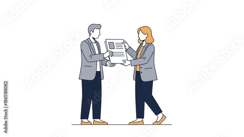 Business agreement presentation: man gives document to woman, teamwork concept