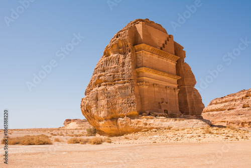 Hegra monumental portal, the most important site in the historic park, carved from a single rock in Saudi Arabia