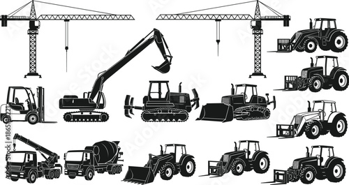 Construction machinery silhouette icon set with crane, excavator, bulldozer, forklift, tractor and truck, black heavy equipment illustrations