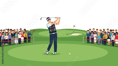 Professional golfer mid-swing on a pristine green golf course, with an enthusiastic audience observing the game from behind ropes.