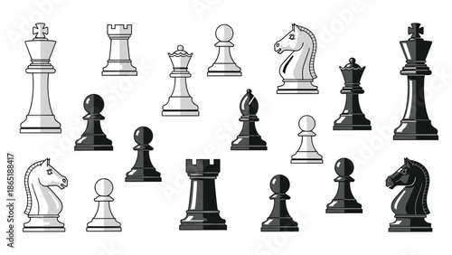 Extensive collection of classic white and black chess pieces arranged in a group, ready for strategic gameplay and intellectual challenge.