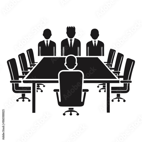 Title: Four black silhouettes of people in suits sitting around a conference table in a meeting