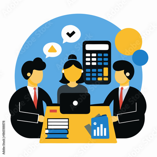 Title: Three people in business attire sitting around a table with a laptop and documents with