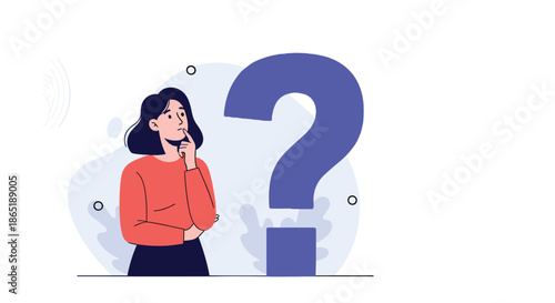 Thoughtful young woman in a red sweater looks up in contemplation while standing next to a massive blue question mark on a white background.