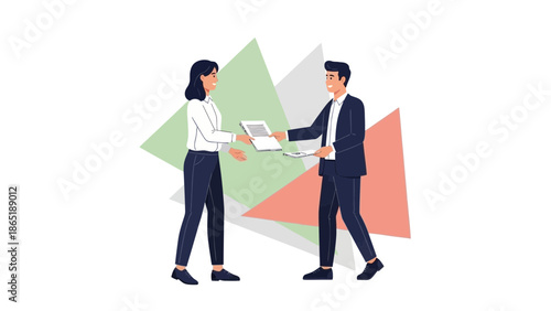 Business meeting: colleagues exchanging documents, modern geometric background